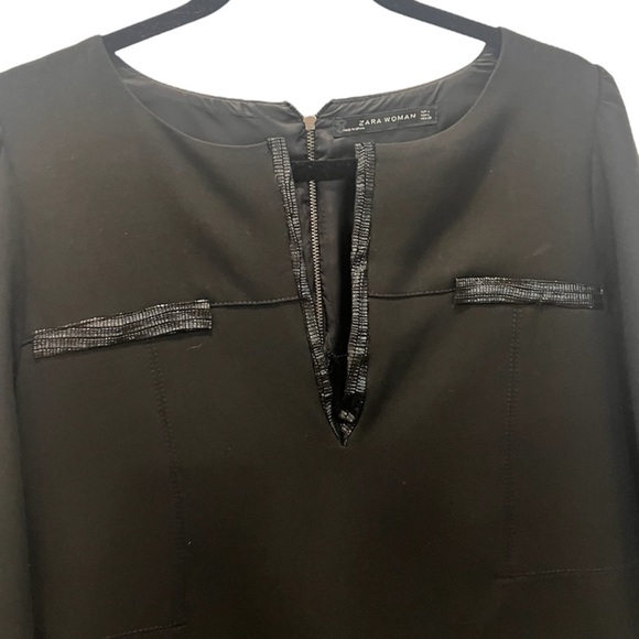 ZARA | black knit dress with faux leather trim and pockets - Picture 4 of 7